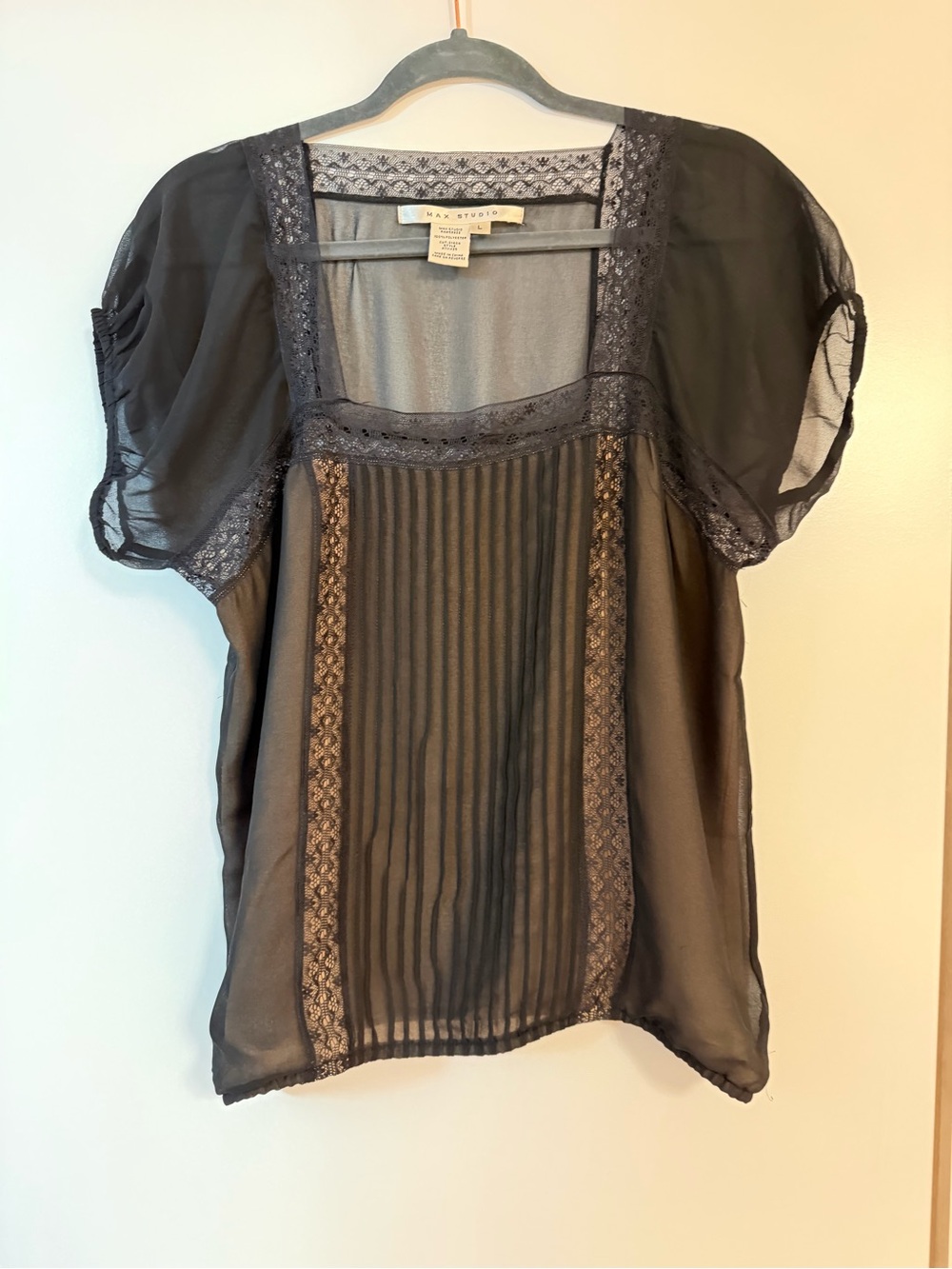 Max Studio Black Sheer Lace-Trim Square-Neck Blouse